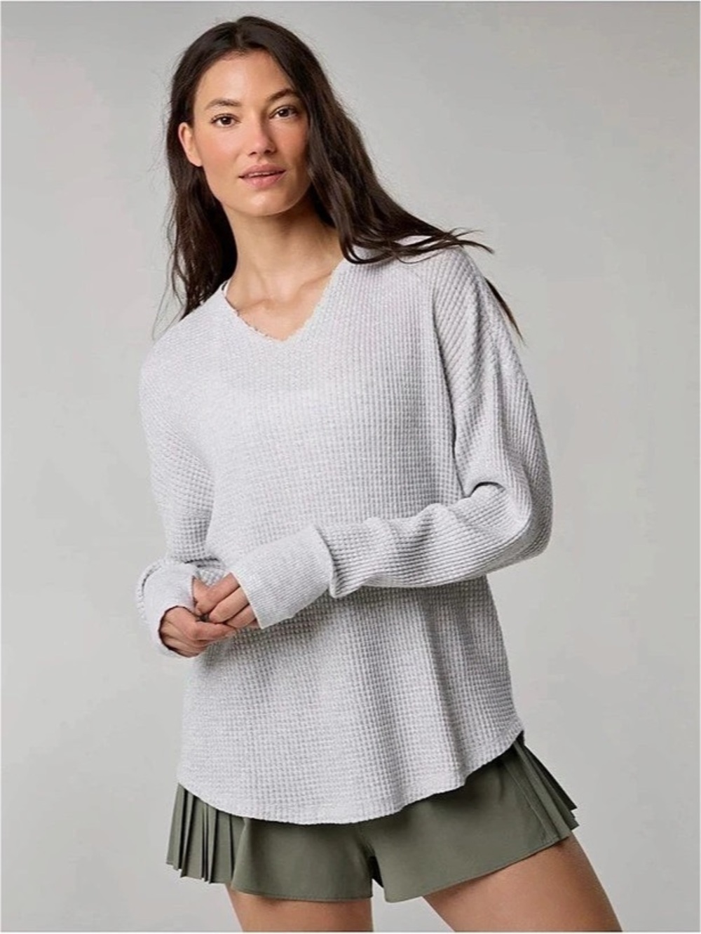 Offline by Aerie Wow! Waffle Long Sleeve V Neck T-Shirt Gray Medium